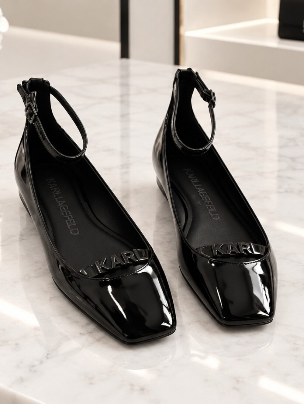 Karl Lagerfeld Black Patent Square-Toe Ankle-Strap Flats